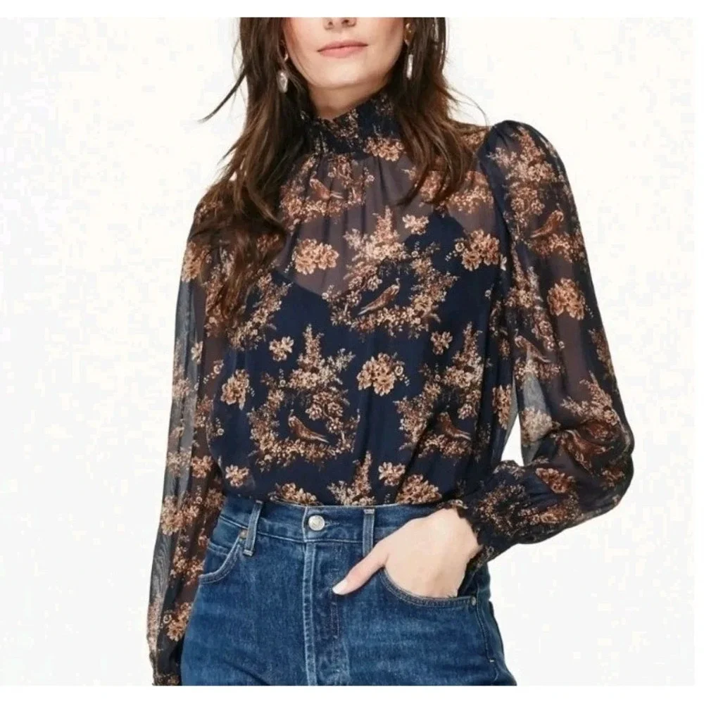 Cami NYC Blouse Top Size M Willa Toile Print Sheer Ulined Long Sleeve Women's
